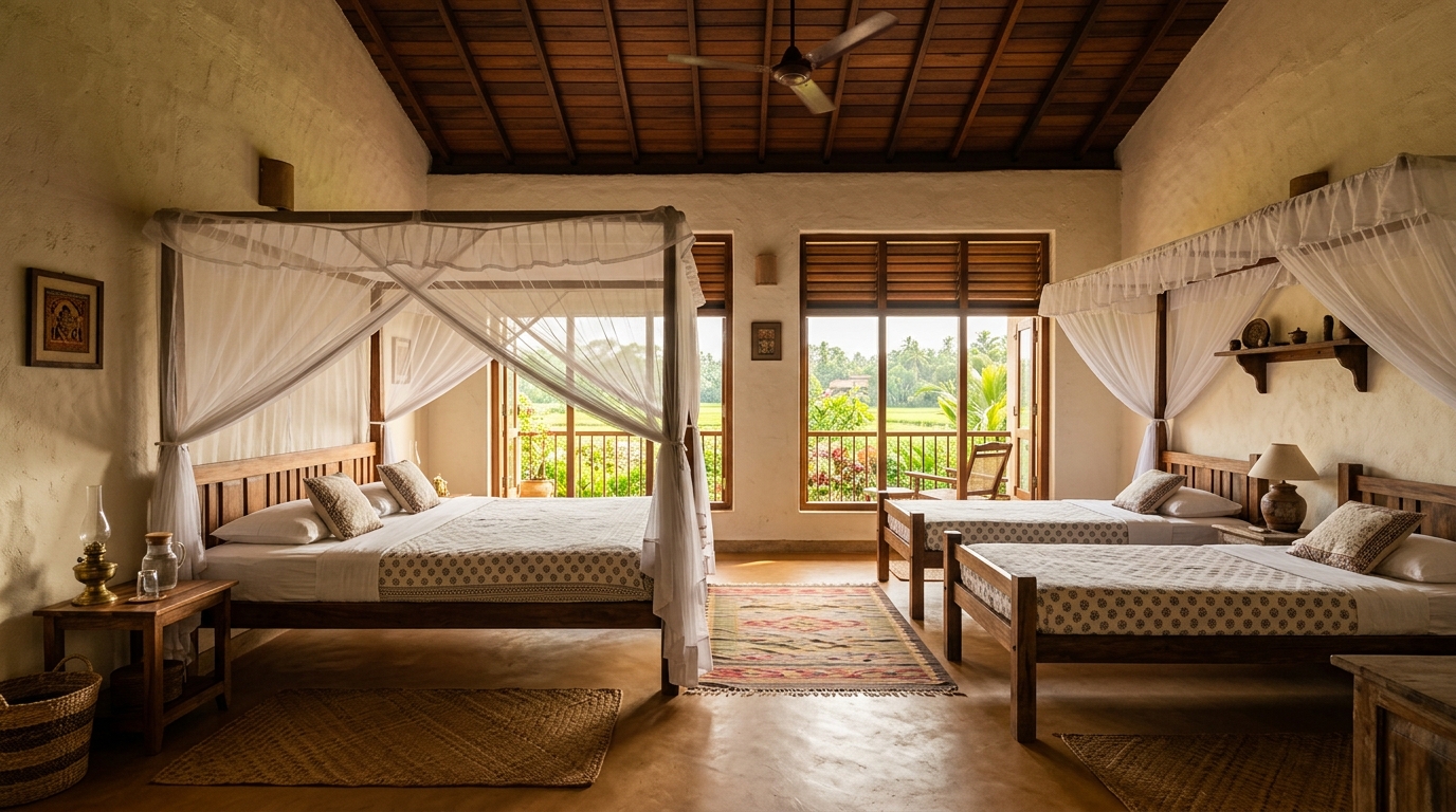 Spacious family room inside traditional clay house with wooden beds